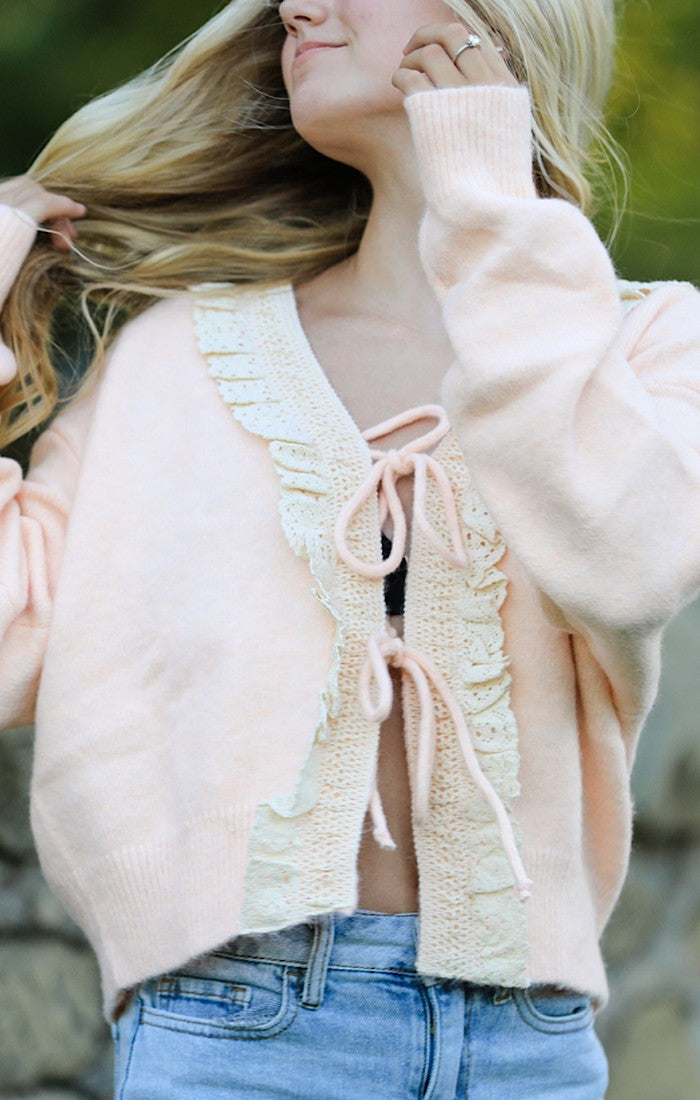Front Tie Ruffled Trim Cardigan