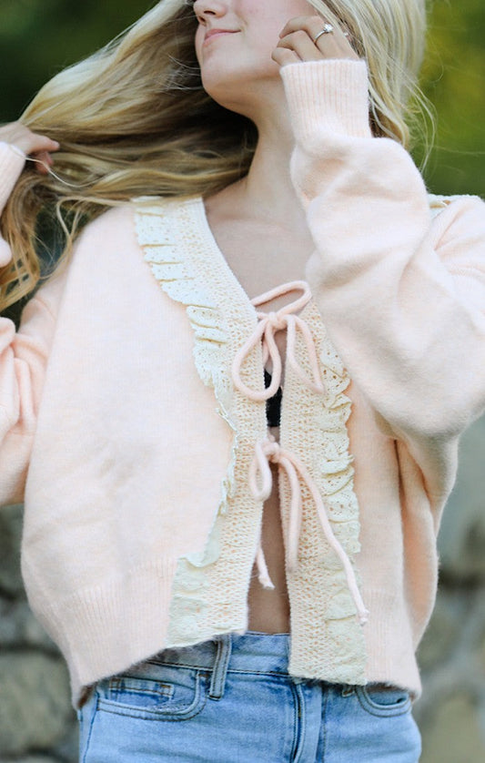 Front Tie Ruffled Trim Cardigan
