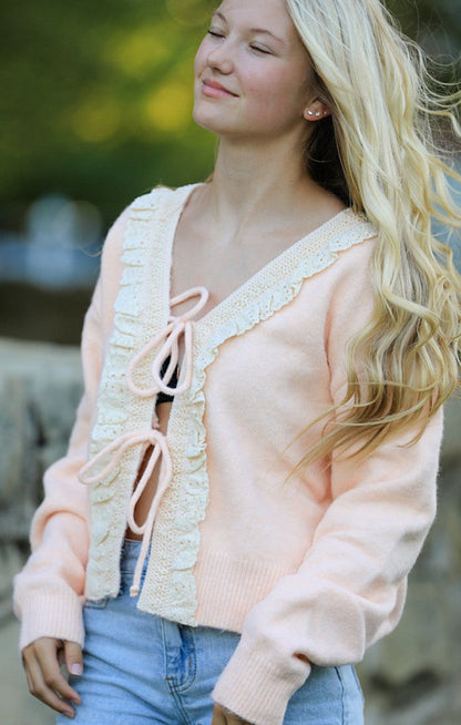 Front Tie Ruffled Trim Cardigan