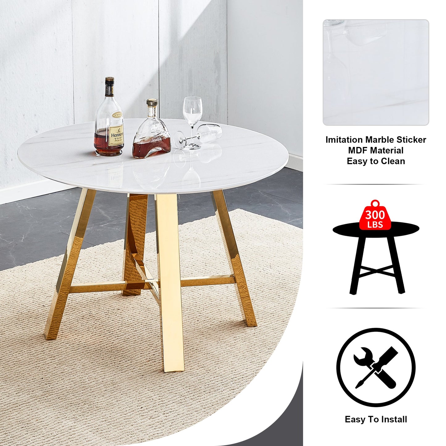 Modern Minimalist White Patterned Circular Dining Table and Coffee Table. MDF Desktop, Diameter 42 Inches, Stainless Ste