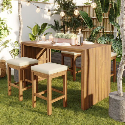 5 Piece Outdoor Bar Set, Patio Acacia Wood Bar Height Table & Four Stools With Cushions, Wood Dining Bar Set for Backyar