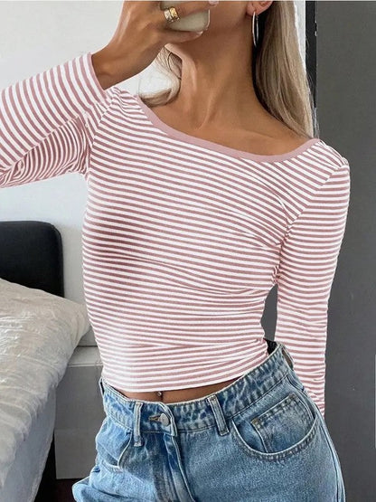 Striped Long Sleeve Open Back Shirt