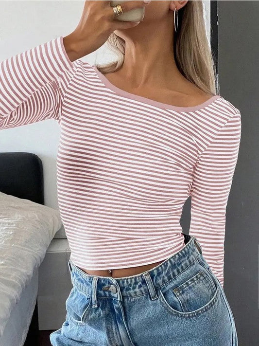 Striped Long Sleeve Open Back Shirt