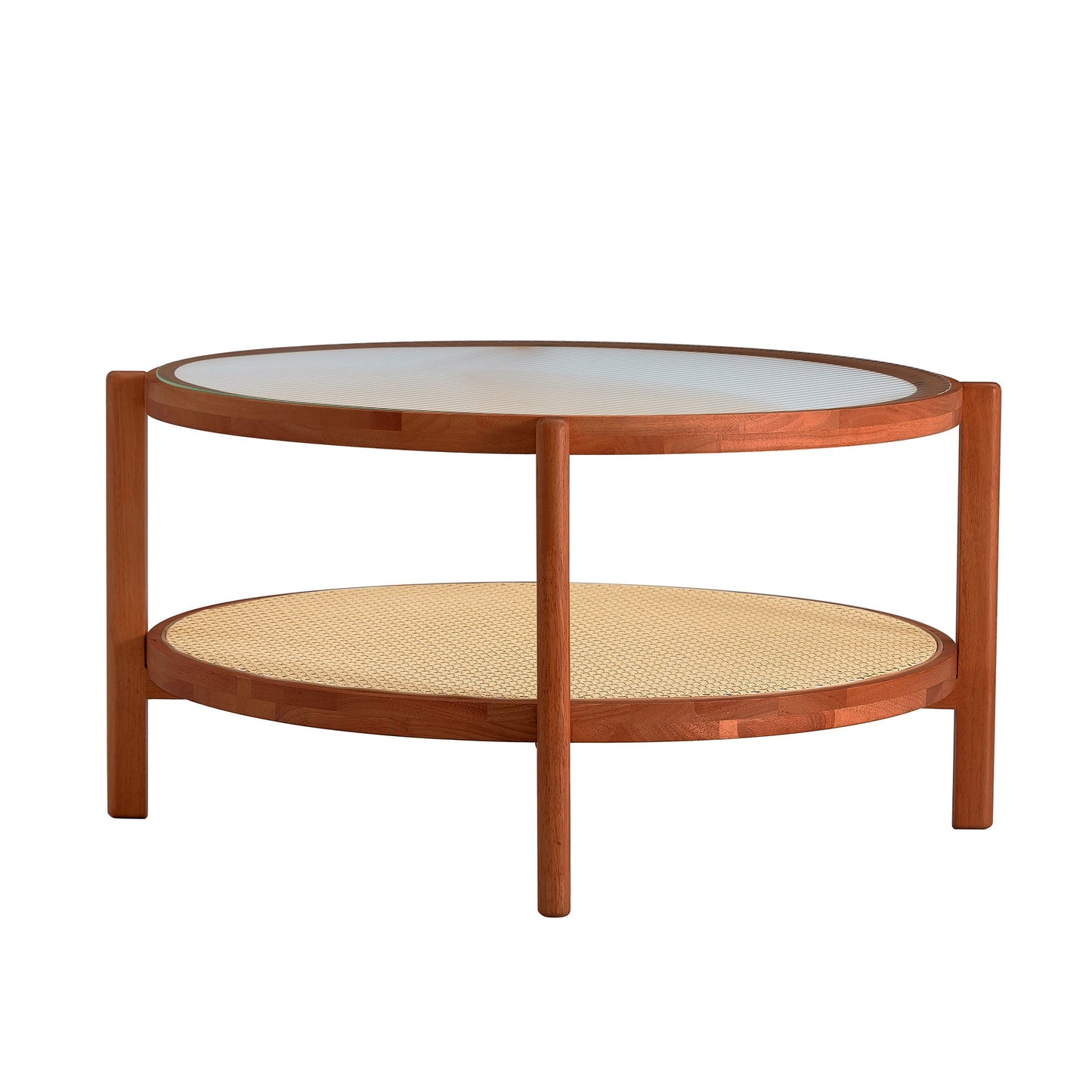 Modern Minimalist Circular Double-Layer Solid Wood Coffee Table With Glass Top, PE Rattan Layer, Walnut Finish