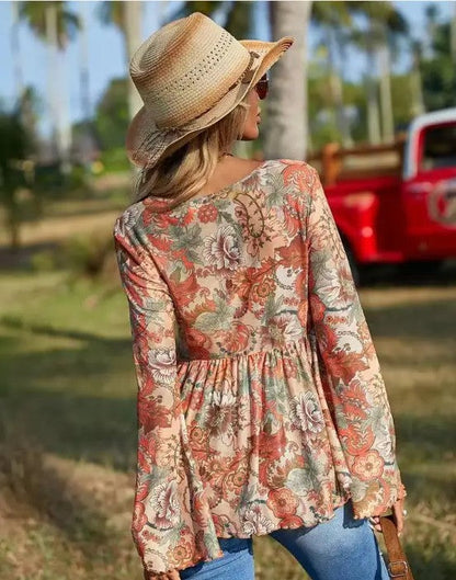 Western Printed Bell Sleeve Blouse