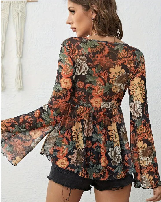 Western Printed Bell Sleeve Blouse