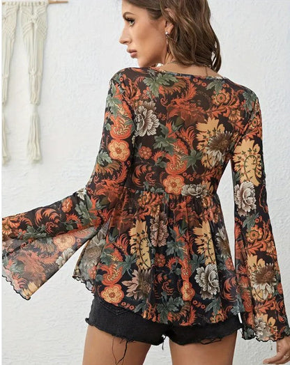 Western Printed Bell Sleeve Blouse