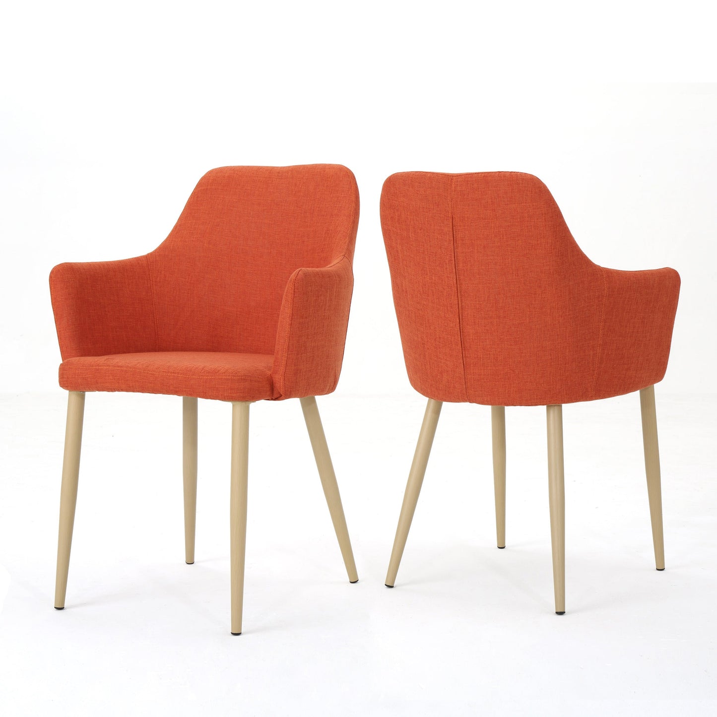 Mid Century Modern Fabric Upholstered Dining Chairs Armchairs in Muted Orange With Light Walnut Finish