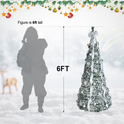 7FT Flocked Pop-Up Christmas Tree With 200 Warm White UL Lights – Pre-Decorated With  Ornaments, Snowflakes, Ribbons & L