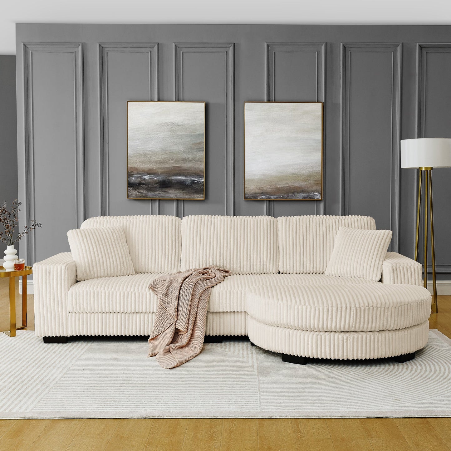 Corduroy Tufted Upholstered Sleeper Sectional Sofa, L-Shaped Modular Convertible Sofa ,The Arc-Shaped Footstool Can Be P