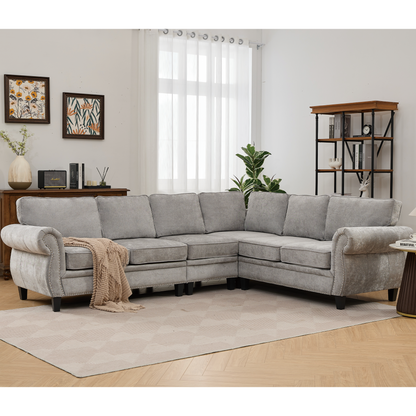 109.5' Modular Sectional Sofa , Rivets Decorated & Rolled Armrest,L Shaped Couch for Living Room, Corner Couch, Chenille