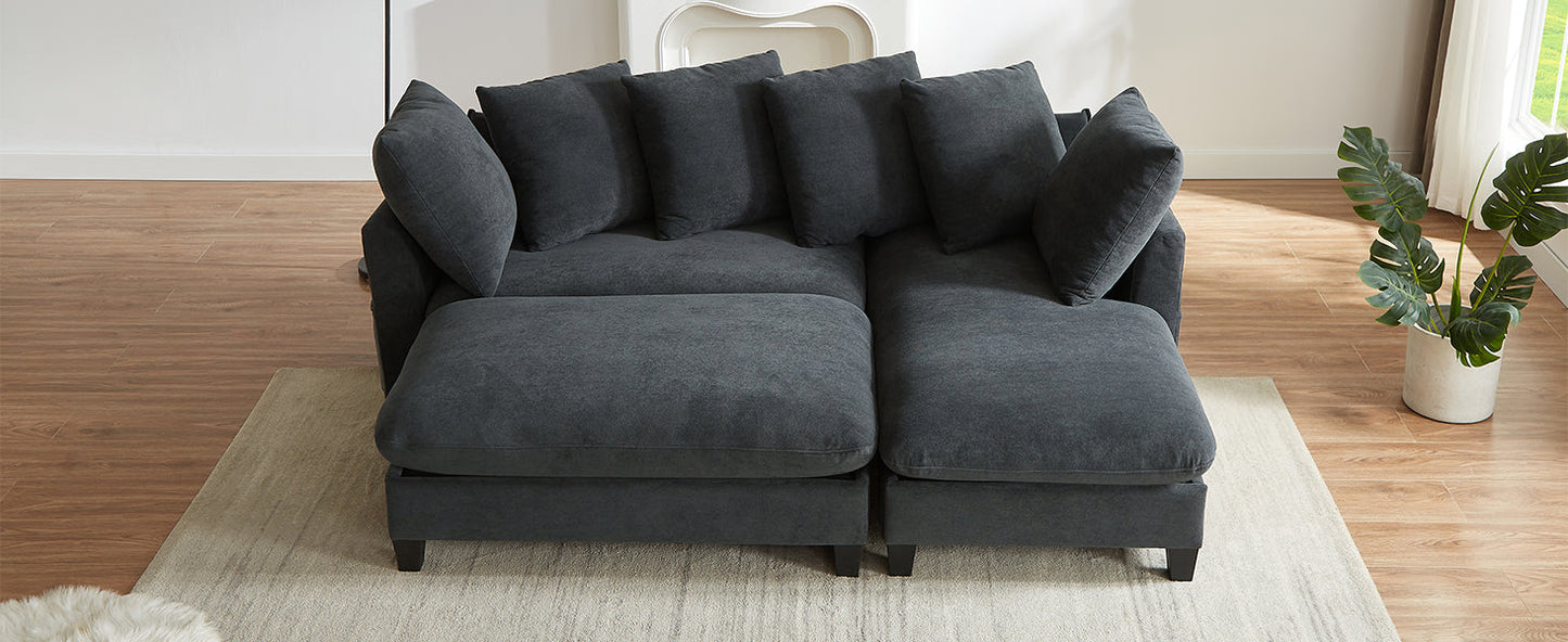 Black Upholstered 83' L-Shaped Sectional Sofa With Storage, Movable Ottoman, and Six Throw Pillows