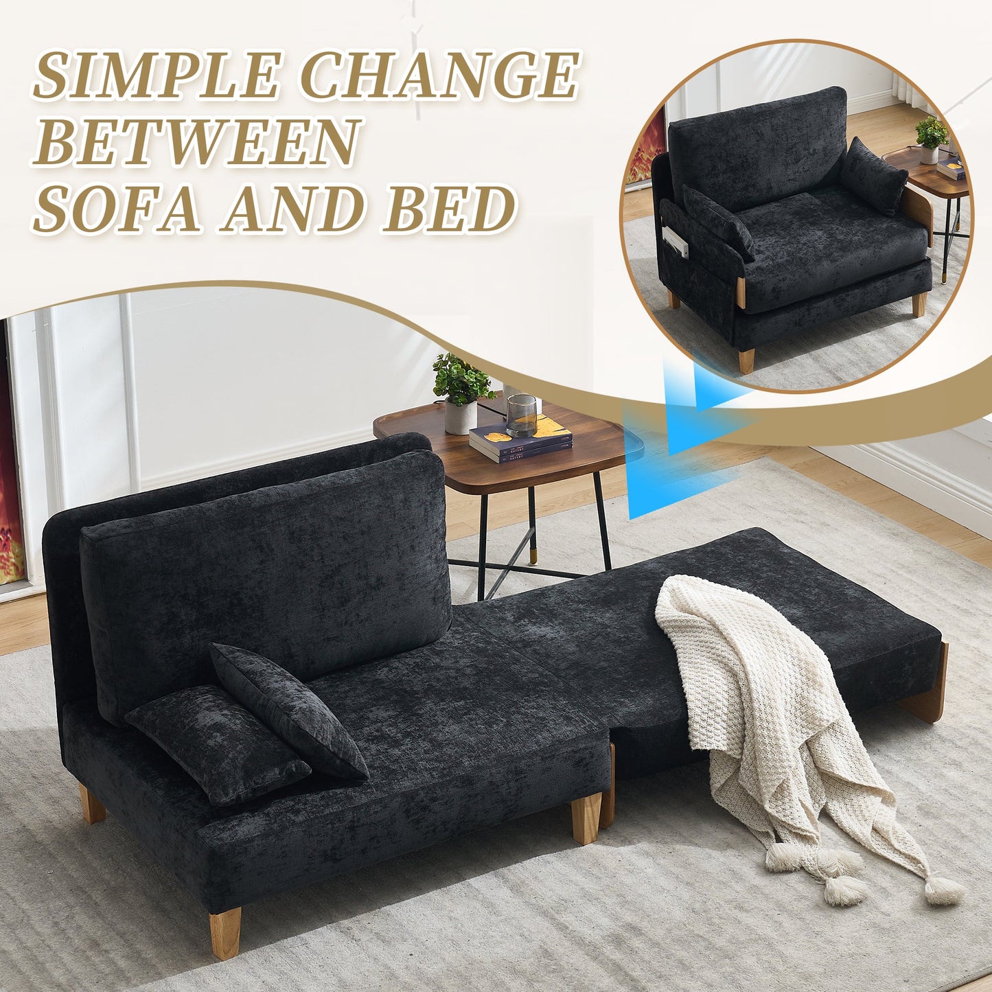 Mid-Century Modern Foldable Sofa Bed Recliner, 3-In-1 Convertible Sleeper With Three Pillows, Black Chenille for Small S
