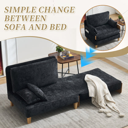 Mid-Century Modern Foldable Sofa Bed Recliner, 3-In-1 Convertible Sleeper With Three Pillows, Black Chenille for Small S
