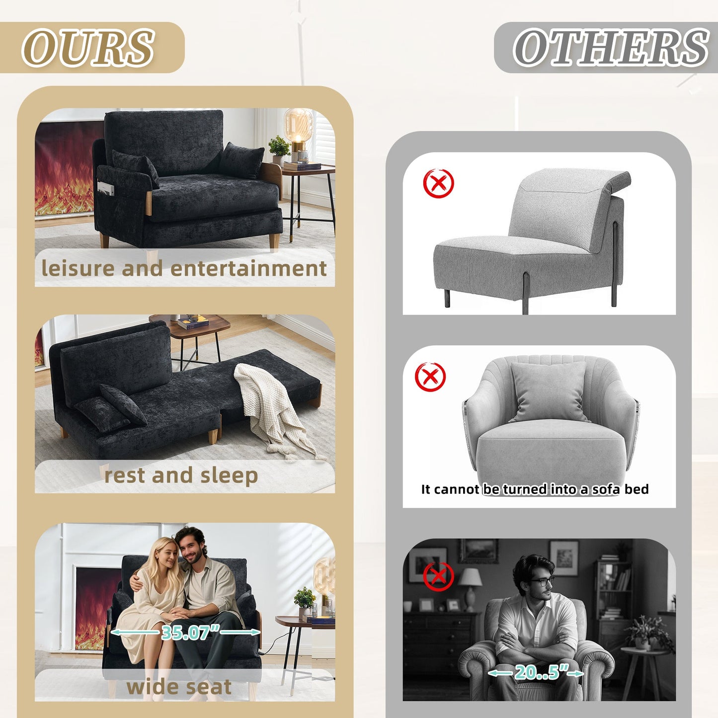 Mid-Century Modern Foldable Sofa Bed Recliner, 3-In-1 Convertible Sleeper With Three Pillows, Black Chenille for Small S