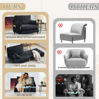 Mid-Century Modern Foldable Sofa Bed Recliner, 3-In-1 Convertible Sleeper With Three Pillows, Black Chenille for Small S