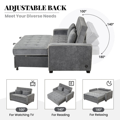 61.4' Upholstered Sleeper Bed, Pull Out Sofa Bed Couch Attached Two Throw Pillows, Dual USB Charging Port and Adjustable