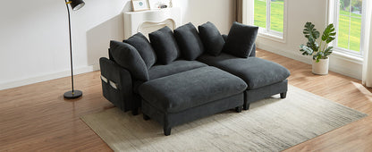 Black Upholstered 83' L-Shaped Sectional Sofa With Storage, Movable Ottoman, and Six Throw Pillows