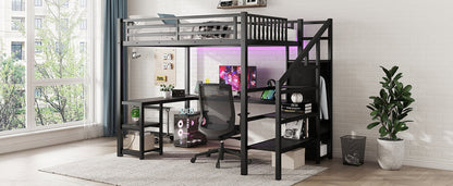 Metal Full Loft Bed With Wardrobe and LED Light, Full Size Loft Bed With L Shaped Desk and USB for Kids Teens Adults, Bl