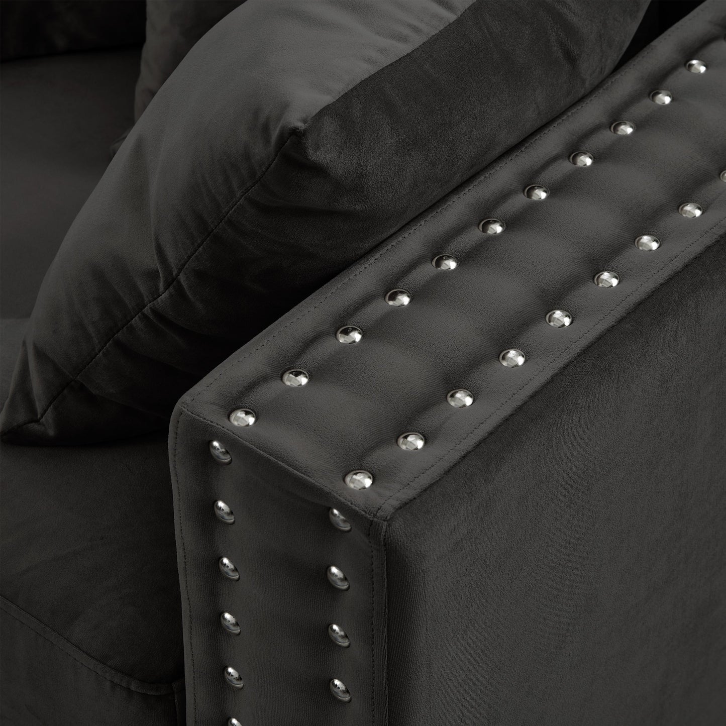 Modern Design Living Room Sofa Square Armrest With Silver Nails Decoration Upholstered Velvet Couch Black