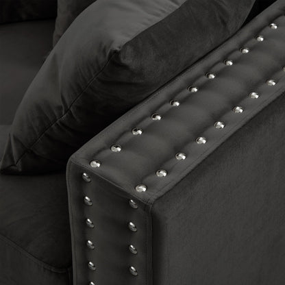 Modern Design Living Room Sofa Square Armrest With Silver Nails Decoration Upholstered Velvet Couch Black