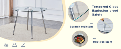 Table and Chair set.A 38.6' Transparent Tempered Glass Round Dining Table-Silver Metal Legs.Paired With 6 BLACK PU Mater