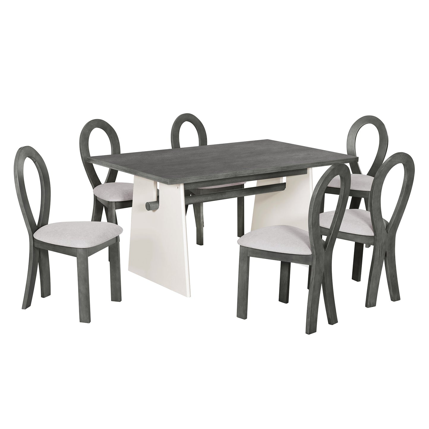 Modern 7-Piece Dining Table Set With Trestle Dining Table and 6 Upholstered Dining Chairs, Compact Kitchen Table Set For