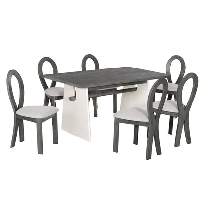Modern 7-Piece Dining Table Set With Trestle Dining Table and 6 Upholstered Dining Chairs, Compact Kitchen Table Set For