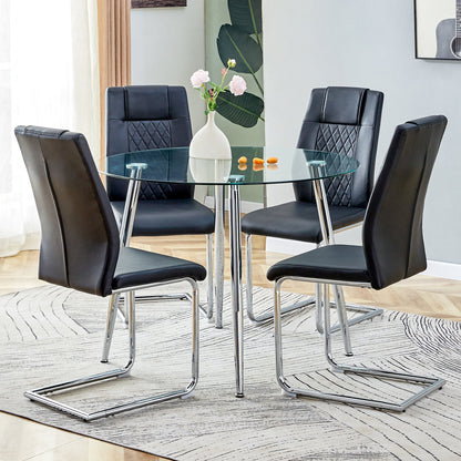 Table and Chair set.A 38.6' Diameter Transparent Tempered Glass Round Dining Table-Silver Metal Legs.Paried With 4 Black