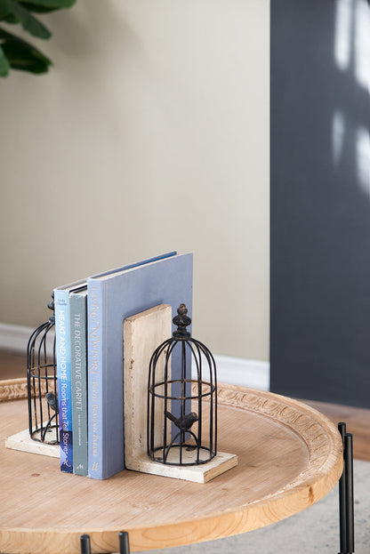 S/2 5.5x4.5x10'  Distressed Black Bird Cage Bookend, Antique White