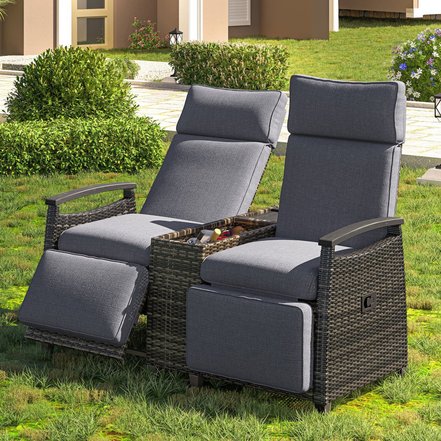 Patio Recliner Loveseat Chair, Adjustable Backrest Wicker Outdoor Lounge Chair Set With Acacia Wood Armrests and Built-I