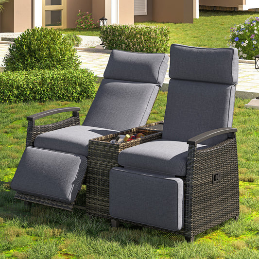 Patio Recliner Loveseat Chair, Adjustable Backrest Wicker Outdoor Lounge Chair Set With Acacia Wood Armrests and Built-I
