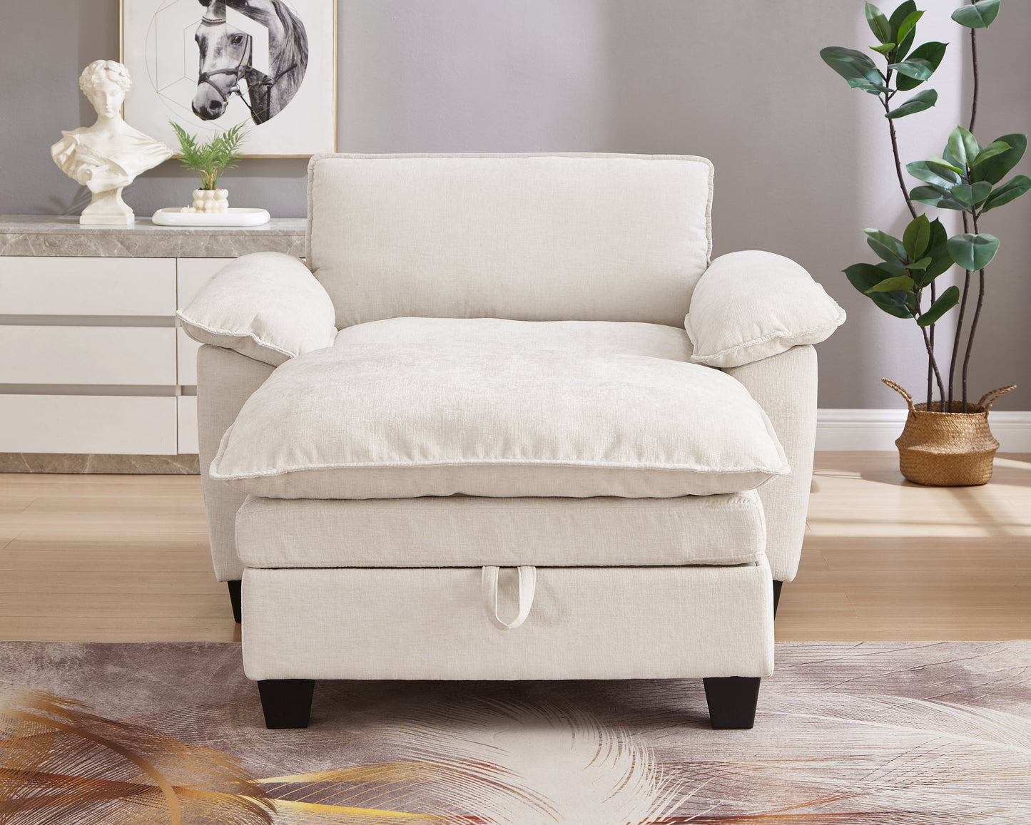 51' Oversize Chaise Lounge Chair With Ottoman and Storage  Upholstered Soft Chenille Beige