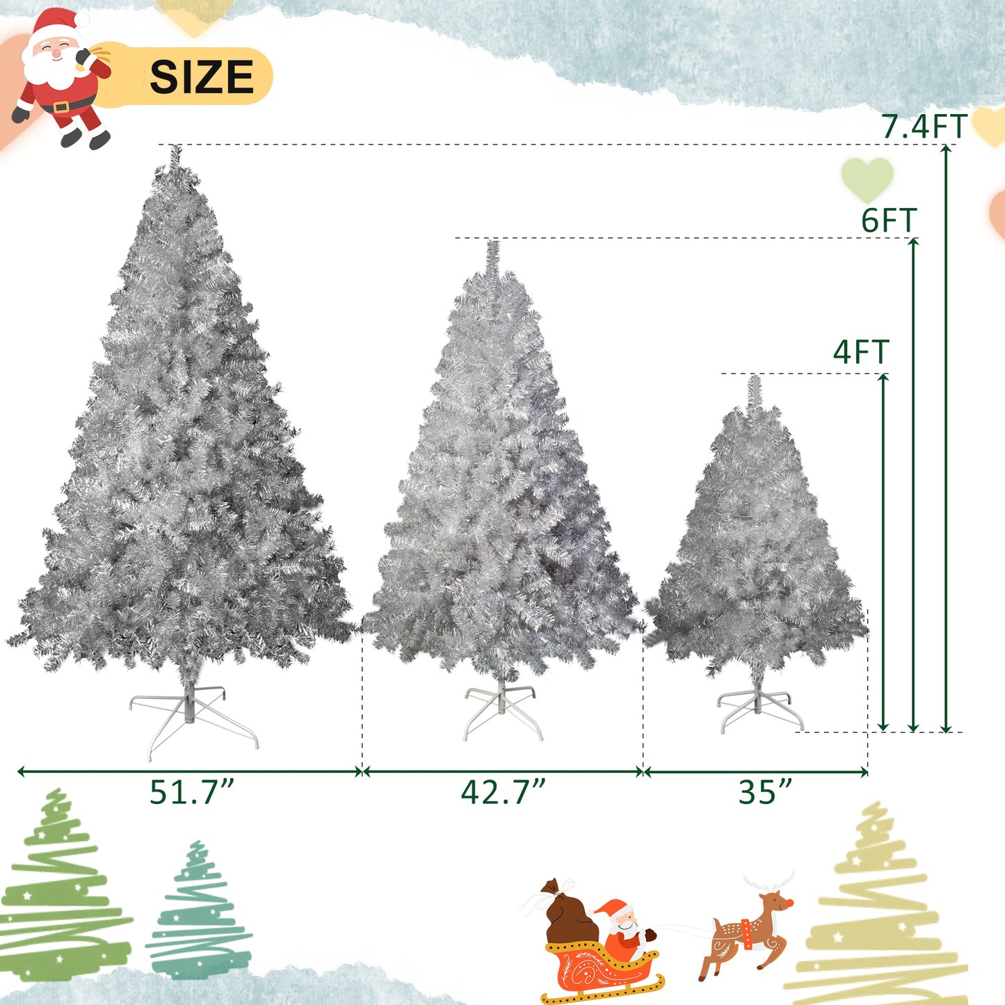 7.4FT, 6FT, 4FT Silver Pre-Lit Artificial Hinged Christmas Tree Set, Holiday Spruce Xmas Tree With 2400 Branch Tips, 850