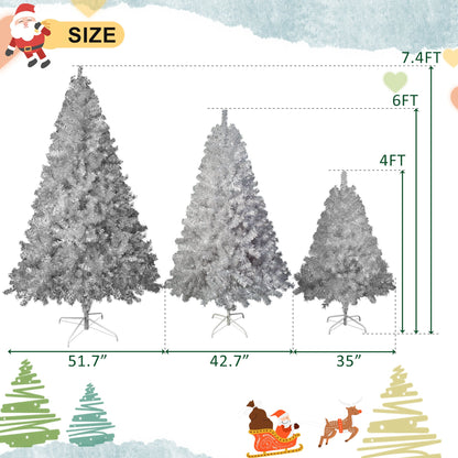 7.4FT, 6FT, 4FT Silver Pre-Lit Artificial Hinged Christmas Tree Set, Holiday Spruce Xmas Tree With 2400 Branch Tips, 850