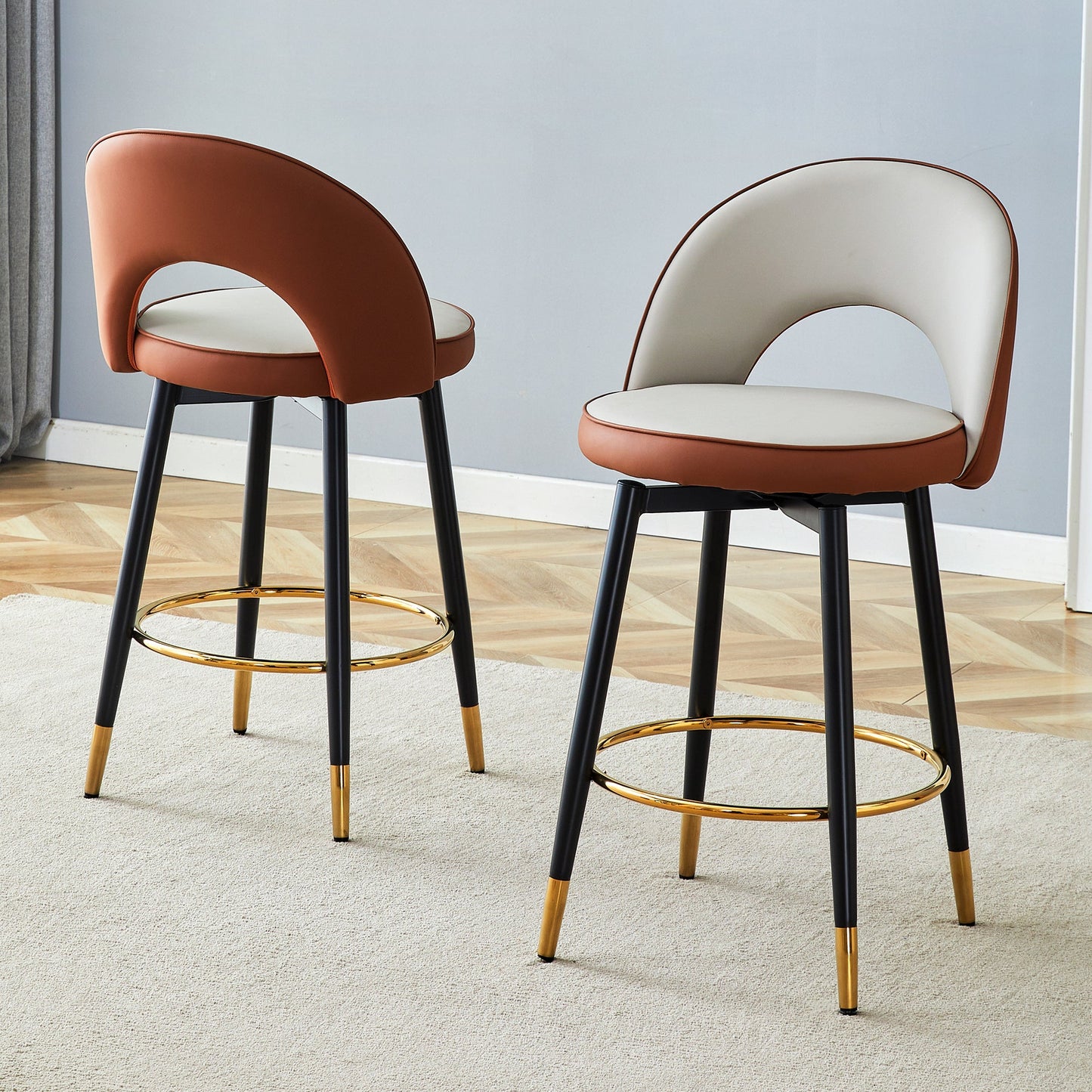 Modern Brown and Light Gray Spliced PU Upholstered Rotatable Bar Chair With Black Metal Legs for Dining Room and Kitchen