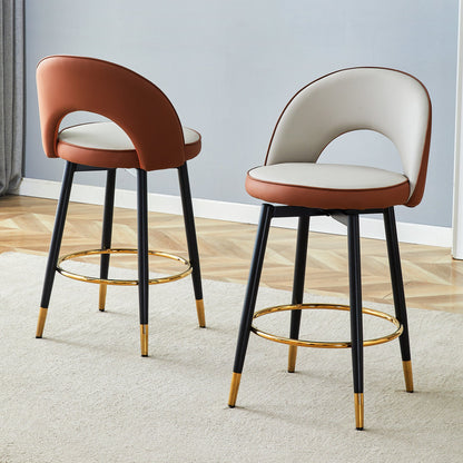 Modern Brown and Light Gray Spliced PU Upholstered Rotatable Bar Chair With Black Metal Legs for Dining Room and Kitchen