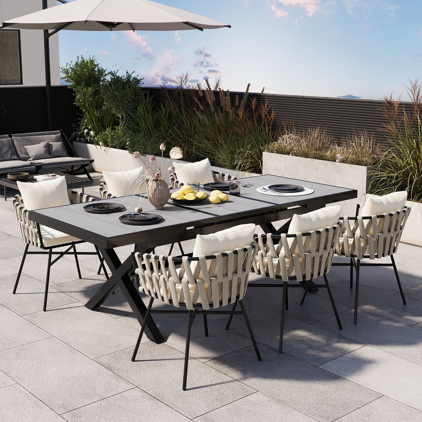 Discover Unmatched Flexibility in Alfresco Dining With Six Creatively Arranged Chairs Made of Polyester Woven Tape and A