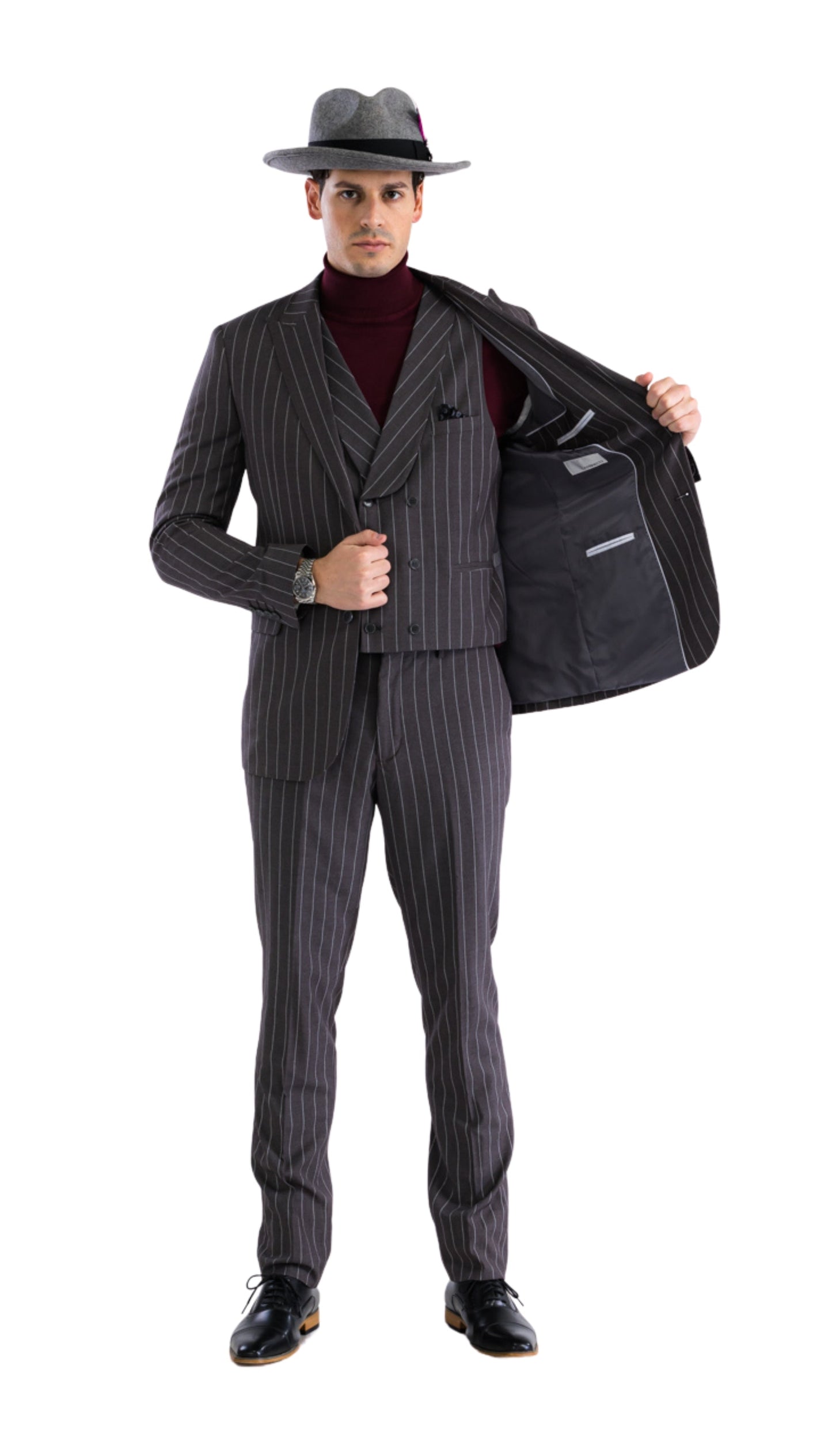 Bellagio Grey White Mens 2 Button Slim Peak Lapel Suit With Pick Stiching Ticket Pocket Double Breasted Vest With Shawl