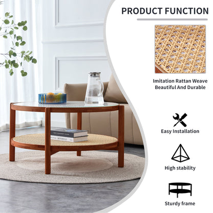 Modern Minimalist Circular Double-Layer Solid Wood Coffee Table With Glass Top, PE Rattan Layer, Walnut Finish