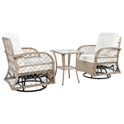 3-Piece Outdoor Chair&Table Set Chat Set 2-Person Rattan Seating Group With Two Swivel Chairs and a Square Table for Gar