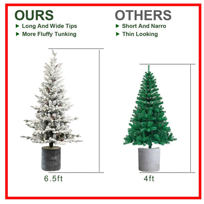 2FT Flocked Christmas Tree With Pot Base, 30 Warm White LED Lights, 189 Tips, PE+PVC Branches With 3 Pine Cones – Small
