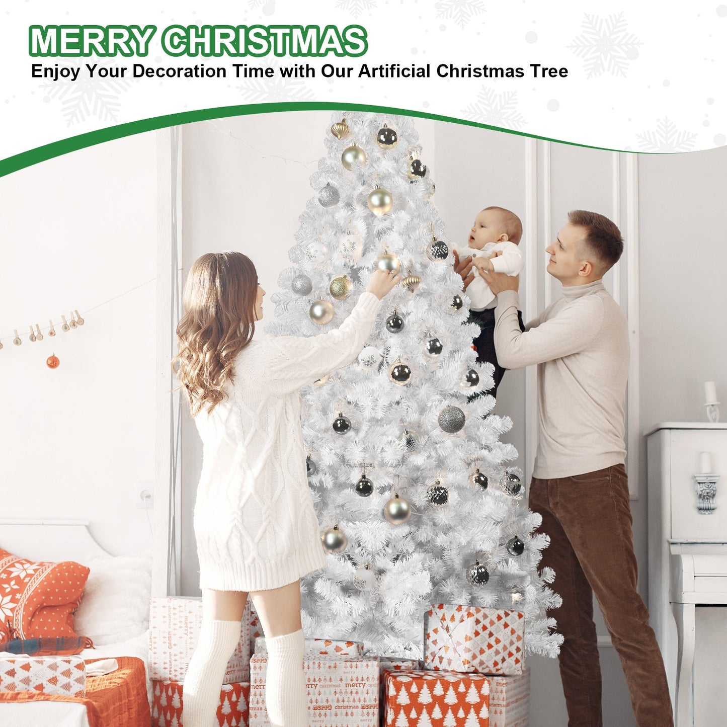 7ft White Christmas Tree With Memory Wire, 1064 Tips Hinged Artificial PVC Tree, Easy Assembly Holiday Xmas Tree for Ind