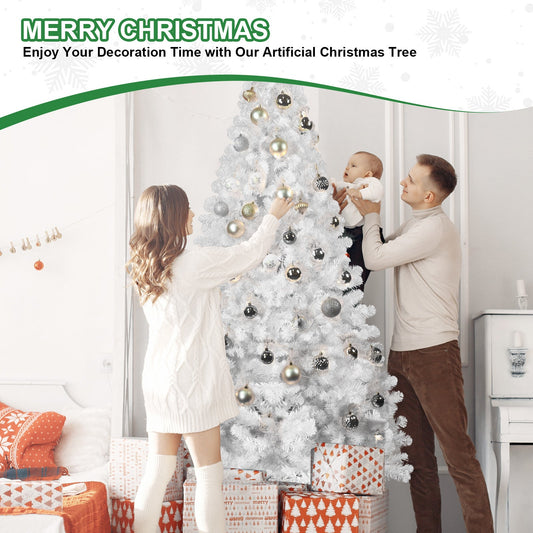 7ft White Christmas Tree With Memory Wire, 1064 Tips Hinged Artificial PVC Tree, Easy Assembly Holiday Xmas Tree for Ind