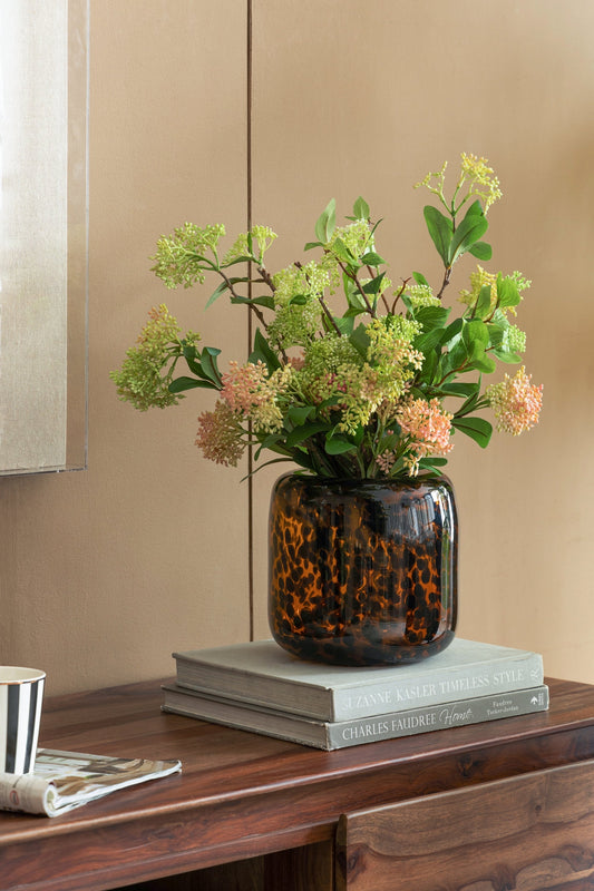 Brown and Amber Glass Vase With Cheetah Motif, Short, 7.9x7.9'