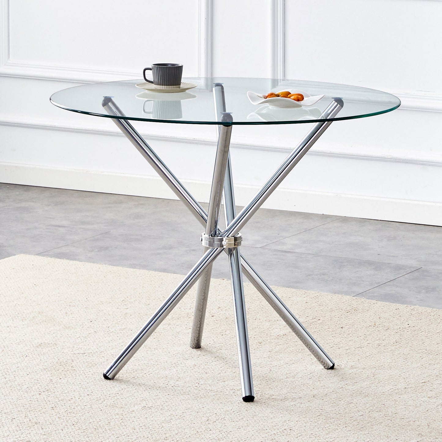 Modern Round Clear Glass Dining Table With Unique Silver Metal Legs for 4-6 People
