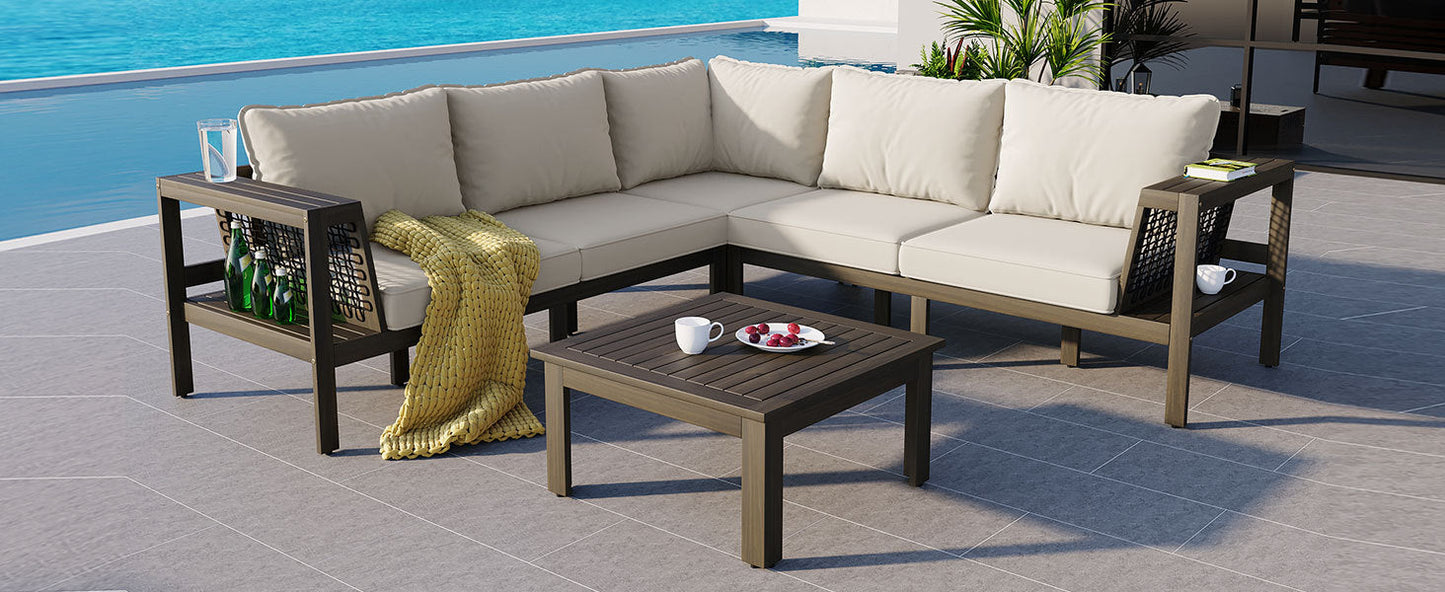 4 Pieces Outdoor Acacia Wood Sofa Set, Woven Mesh Armrests, L-Shaped Patio Furniture Sofa Set With Coffee Table, Outdoor