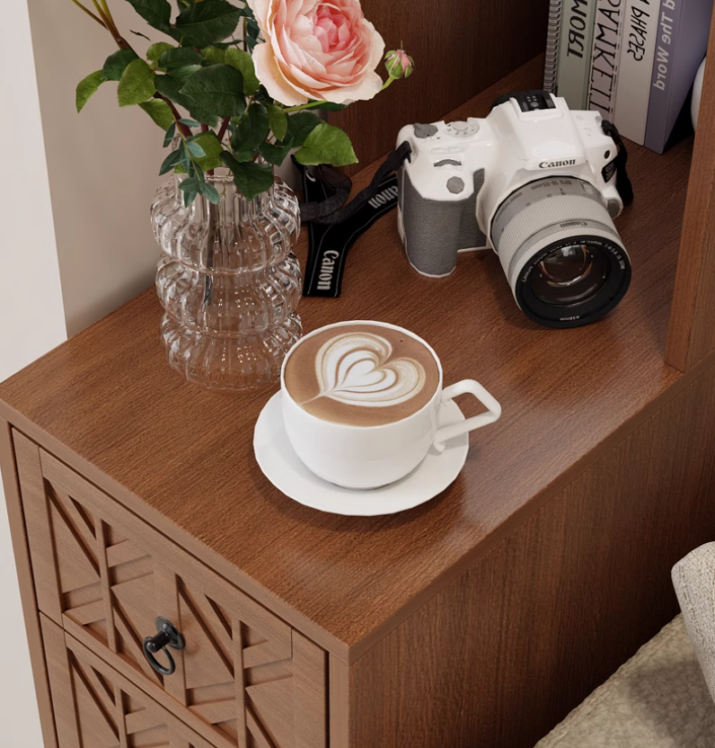 End Table With 3 Drawers, Corner Table With 2 Open Shelves, Tall Side Table for Bedroom and Corner, Walnut,Expect Arriva