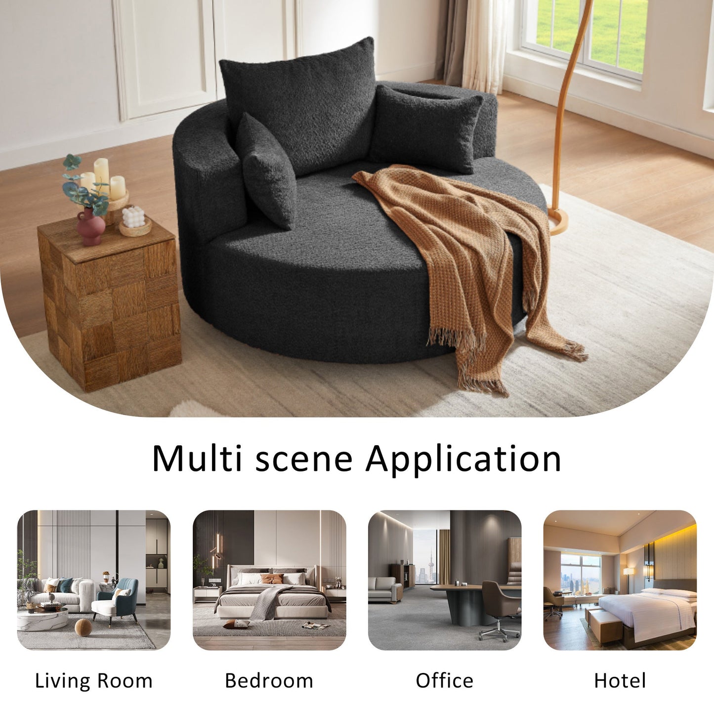 360° Swivel Accent Barrel Chair With Removable Pillows, Black Chenille, 56.3x56.3x36.5 Inches