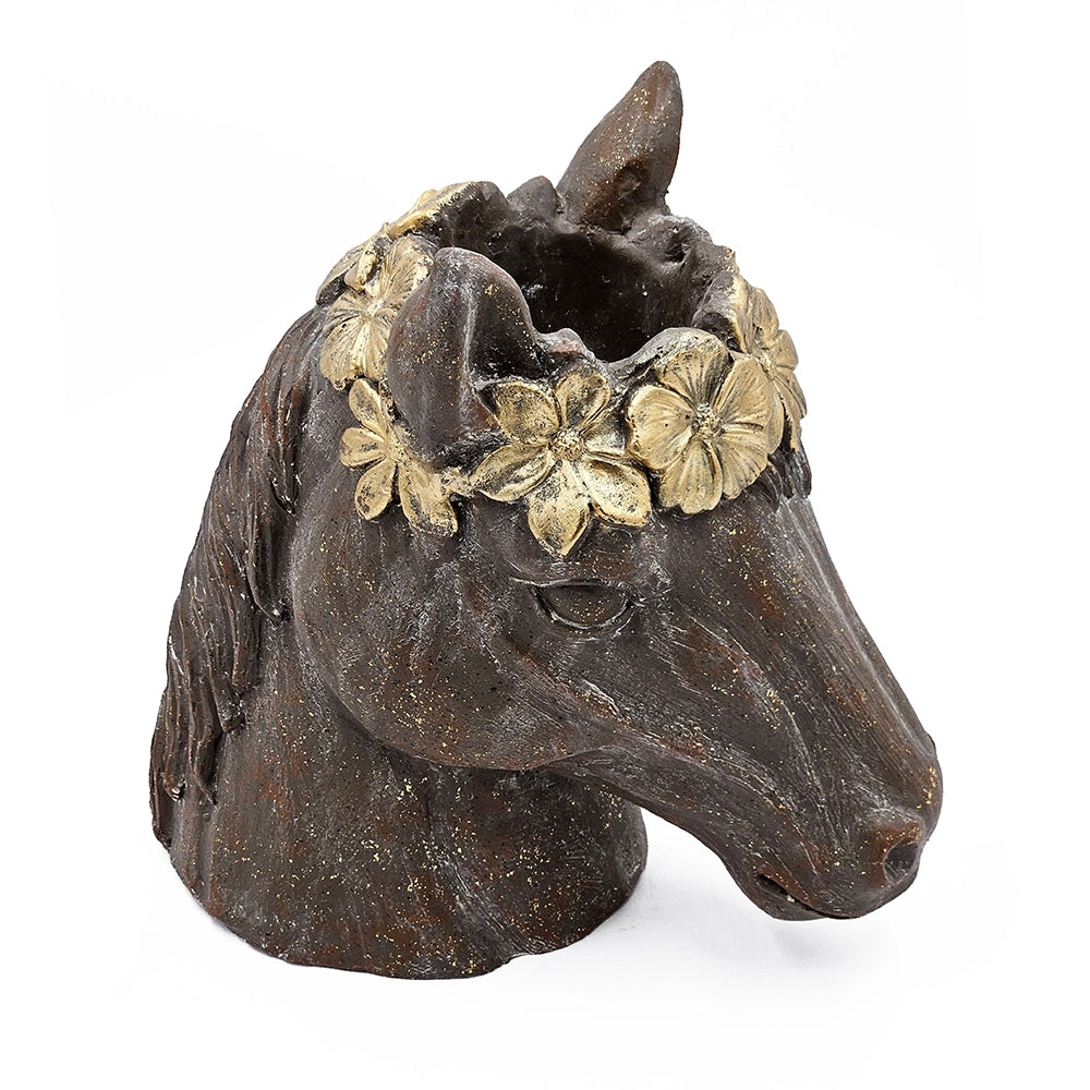 14.5x8.5x13.5' Magnesium Horse Statue Planter With Textured Brown Finish and Gold Leaf Crown